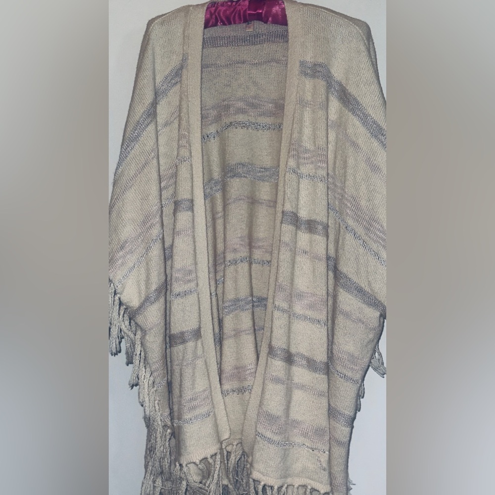 Vintage SPELL Cream/silver Fringe/ Pink Long Cardigan Light Shimmer Design OS